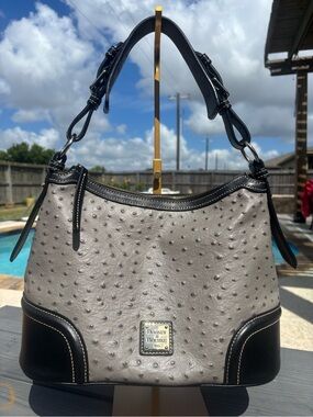 Dooney & Bourke Gray Ostrich-Embossed Leather Shoulder Bag with Black Trim EUC